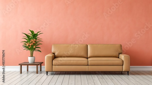 Cozy living room scene with a tan sofa and green plant against a coral wall