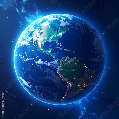 Digitally rendered illuminated planet Earth in outer space