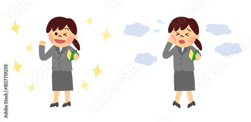初心者マークを持つスーツの女性　やる気と不安