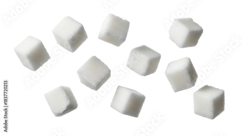 Floating sweetness: Minimalist arrangement of sugar cubes creating abstract geometric patterns against a pristine white background