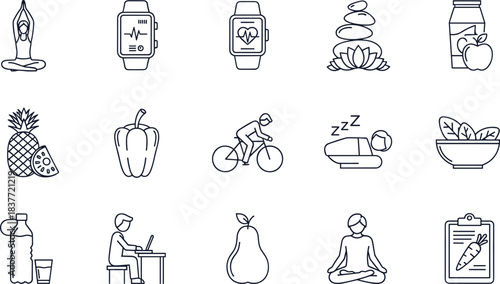 Health and Fitness Line Art Icon Set, Flat Vector Illustration, Representing Yoga, Exercise, Diet, Wellness, Nutrition, Technology, Cycling, and Healthy Lifestyle.