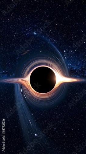 Dramatic view of a black hole with light distortion and starry backdrop