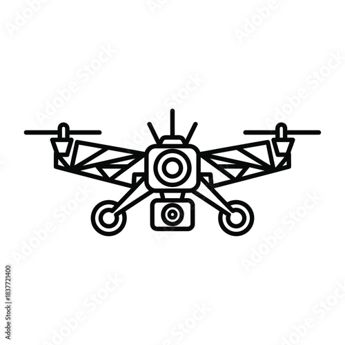 Simple black and white line art illustration of a modern drone, aerial photography and videography device with camera and propellers