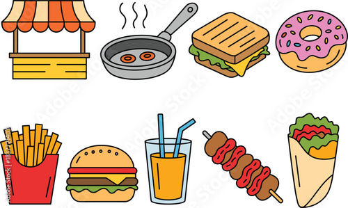 Colorful fast food icons set with burger, fries, sandwiches, donut, kebab, juice, wrap, street food stall and frying pan