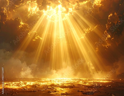 Dramatic view of sunlight piercing through clouds onto a gold landscape