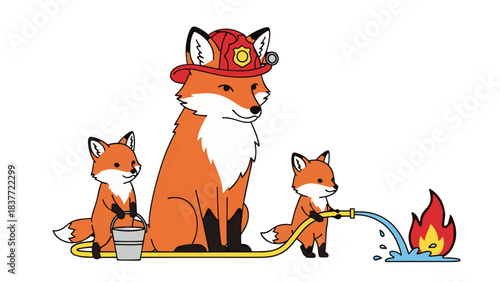 Cute Fox Firefighter Family Teaching Fire Safety
