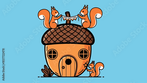 Cute Squirrel Family Decorating a Whimsical Acorn House with a 'Home Sweet Home' Banner