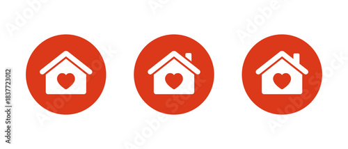 House icon with heart symbol. Family love, home care, and property affection symbol in red circle
