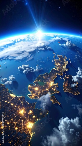 Earth at dawn, showing European coastlines and city lights