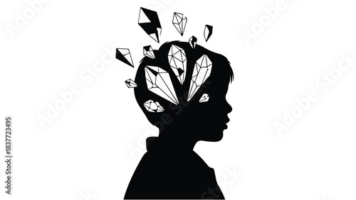Child's silhouette with sparkling gems bursting from head, symbolizing imagination and creativity