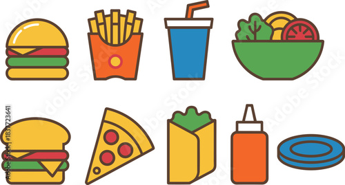 Cute cartoon fast food icon set featuring burger, fries, drink, salad, sandwich, pizza slice, wrap, ketchup, and sausage graphics