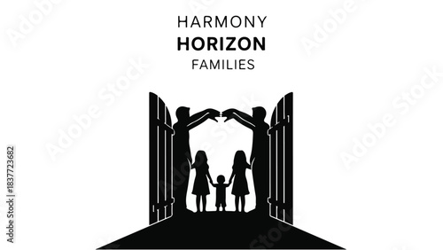 Silhouettes of a loving family entering a bright future through open gates.