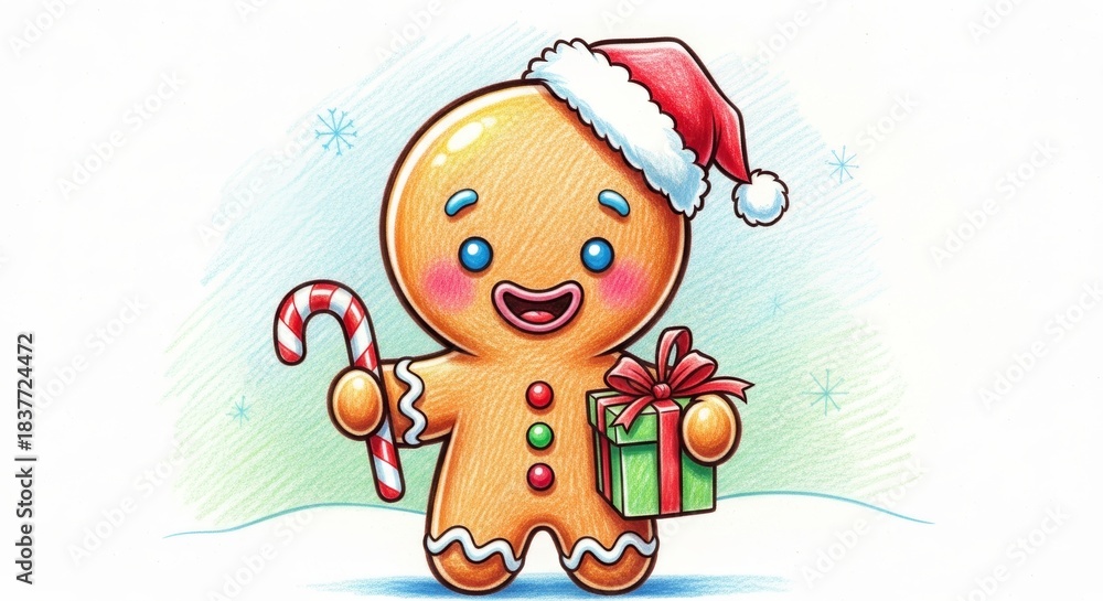 Fototapeta premium Cheerful Cartoon Gingerbread Character with Christmas Gifts and Decorations