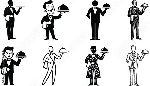 Black and white line art vector collection of professional barbers cutting and styling client hair, illustrating manual trades, salon services, and grooming careers.