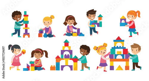 Children Building with Colorful Blocks