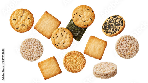 A delightful aerial view featuring an assortment of Japanese rice crackers arranged on a stark white backdrop creates a visually appetizing
