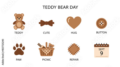 Brown icons representing Teddy Bear Day including a bear bow tie heart button paw picnic basket patch and calendar