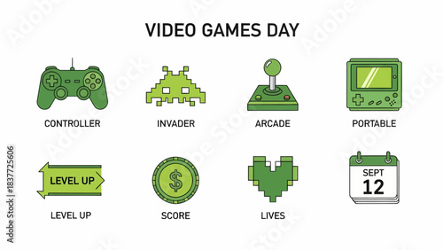 Graphic featuring eight green icons related to video games celebrating Video Games Day