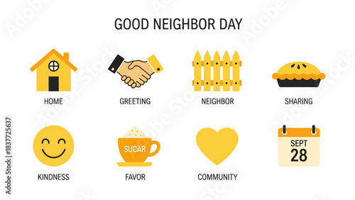 Graphic illustrating eight concepts for Good Neighbor Day dated September 28th