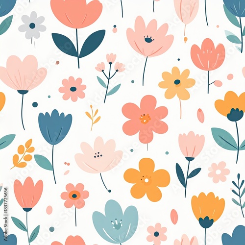 Colorful Floral Seamless Pattern, Cute Flower Background, Botanical Design, Spring