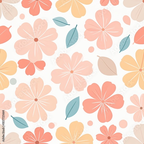 Peach and Yellow Floral Seamless Pattern, Cute Flower Background, Botanical Design