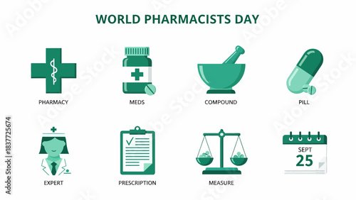 Green and white icons celebrating World Pharmacists Day on September 25th