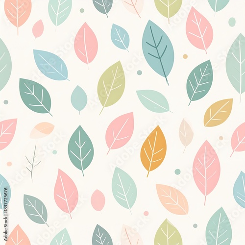 Seamless Pattern of Pastel Leaves and Dots on White Background Vector Illustration