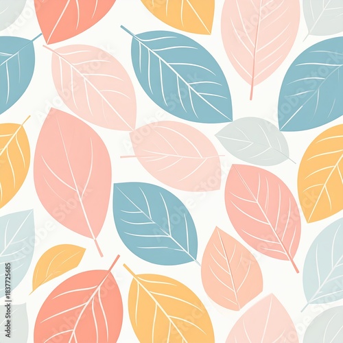 Seamless Pattern of Pastel Colored Leaves on White Background Vector Illustration