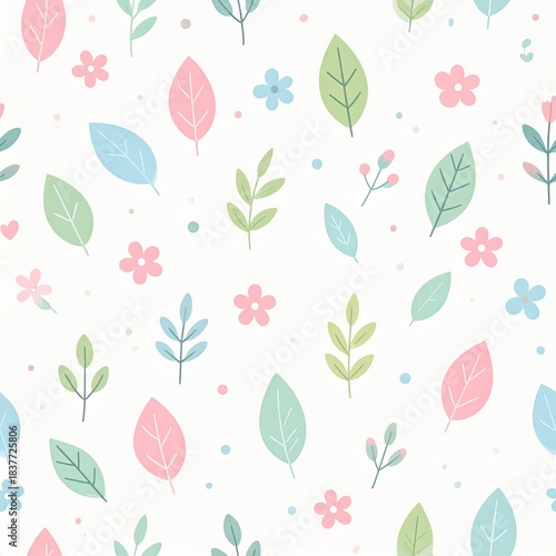 Pastel Flowers and Leaves Seamless Pattern on White Background for Textile Design