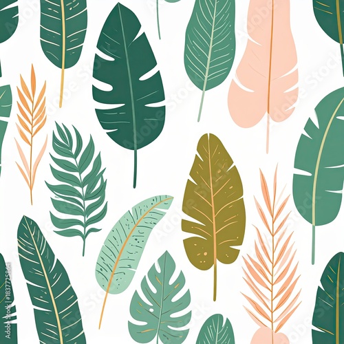 Tropical Leaves Seamless Pattern, Green and Peach Botanical Design on White Background