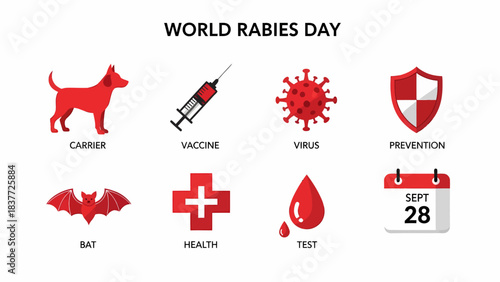 Red icons illustrating elements related to World Rabies Day set against white