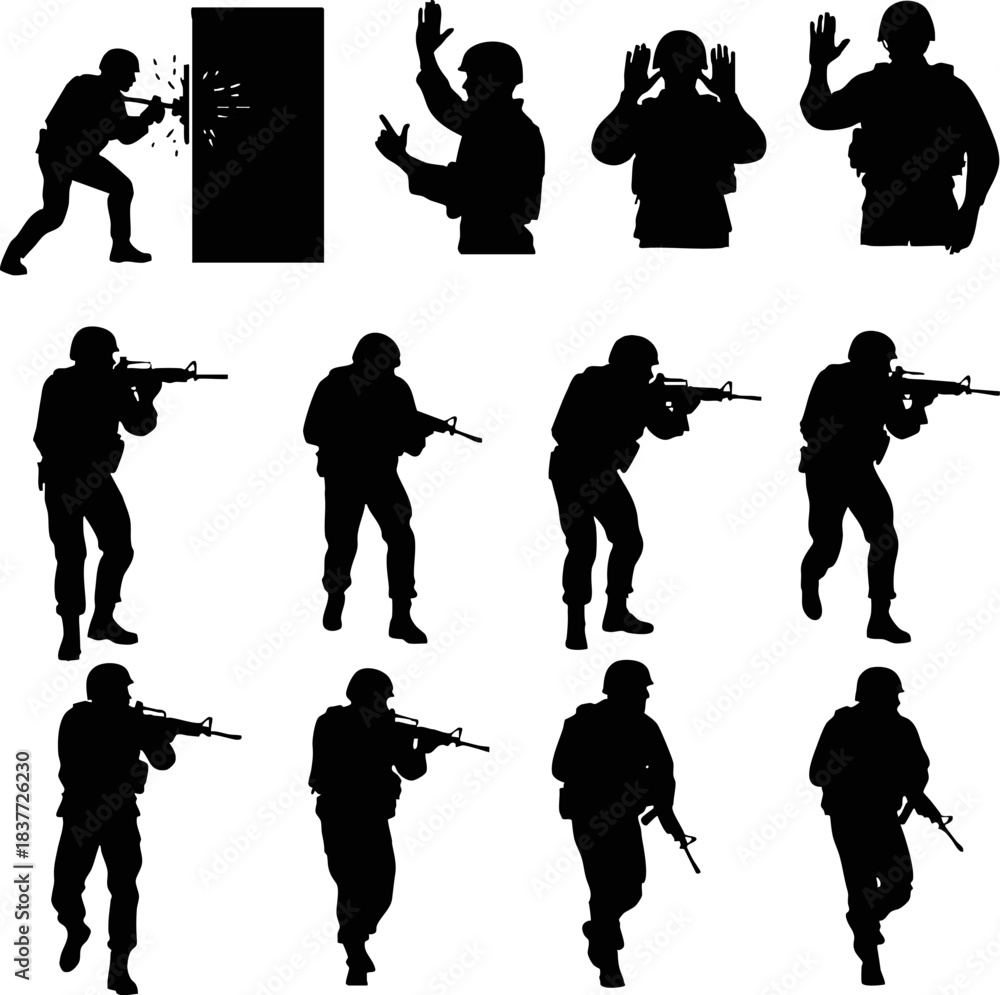 Obraz premium Tactical Police and Shooter Silhouettes