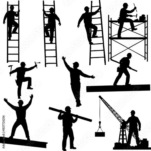 Construction Worker on Scaffolding Silhouettes