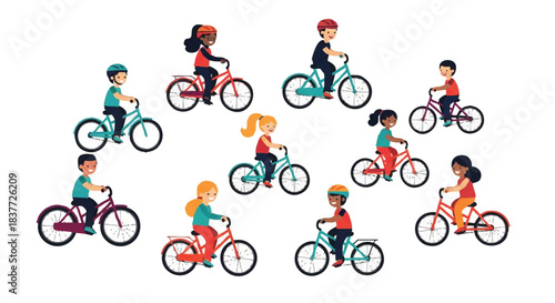 Diverse group of cartoon cyclists riding bicycles