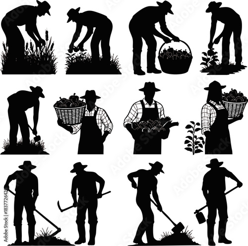 Farmers Harvesting Crops Silhouette Set