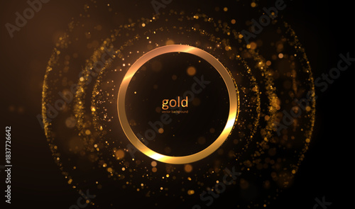 Burning golden glowing bokeh spiral particles luxury vector effect. Dramatic light background for glamorous events. Perfect wedding invitation and festive decoration concept.
