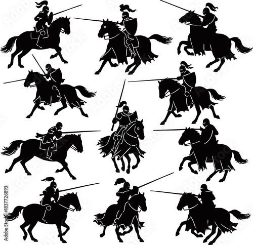 Medieval Cavalry Silhouette Set - Knights on Horseback