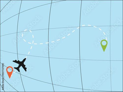 Navigational Flight Path: An airplane traces its journey across a stylized world map, marked by a dotted flight path and location markers indicating the origin and destination of the trip.