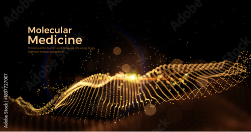 Golden data particles flow medical tech background, symbolizing AI-powered diagnostics, genetic research, neural networks. Scientific presentations, biotech websites, and innovation reports background