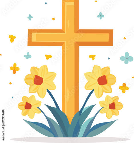 Golden Christian Cross with Yellow Spring Flowers 