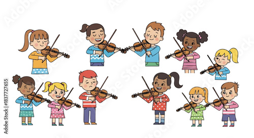 Diverse Children Playing Violins Illustration