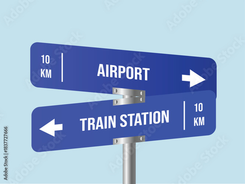 Signage Dilemma: A straightforward signpost presents travelers with a decisive choice: continue to the airport or veer toward the train station. Directional cues and distance indicators guide the way.
