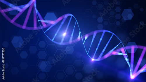 Shiny particle DNA helix background. Abstract genetics technology and bio data concept. For science presentation medical innovation. Digital structure biotechnology and scientific research background
