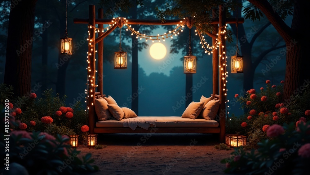 Obraz premium Enchanted Outdoor Bed With Lanterns and Soft String Lights