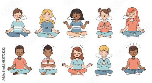 Diverse kids practicing yoga and meditation