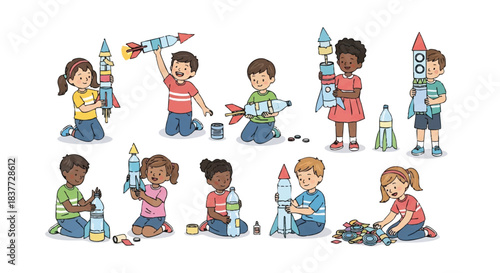 Children Engaged in Creative Toy Assembly and Play