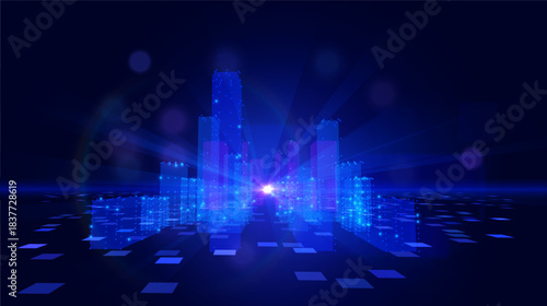 Blue violet futuristic cityscape with big data network flows vector background. Digital transformation metropolis skyline with data particles for technology presentations and fintech visualizations.