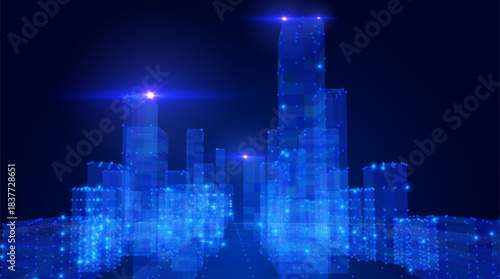 Blue violet futuristic cityscape with big data network flows vector background. Digital transformation metropolis skyline with data particles for technology presentations and fintech visualizations.