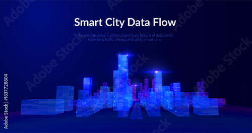 Blue violet futuristic cityscape with big data network flows vector background. Digital transformation metropolis skyline with data particles for technology presentations and fintech visualizations.