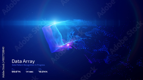 Glowing data particles dynamically assemble a 3d cube abstract digital vector background. Perfect for AI concepts, big data visualization, technology presentations for websites and corporate media

